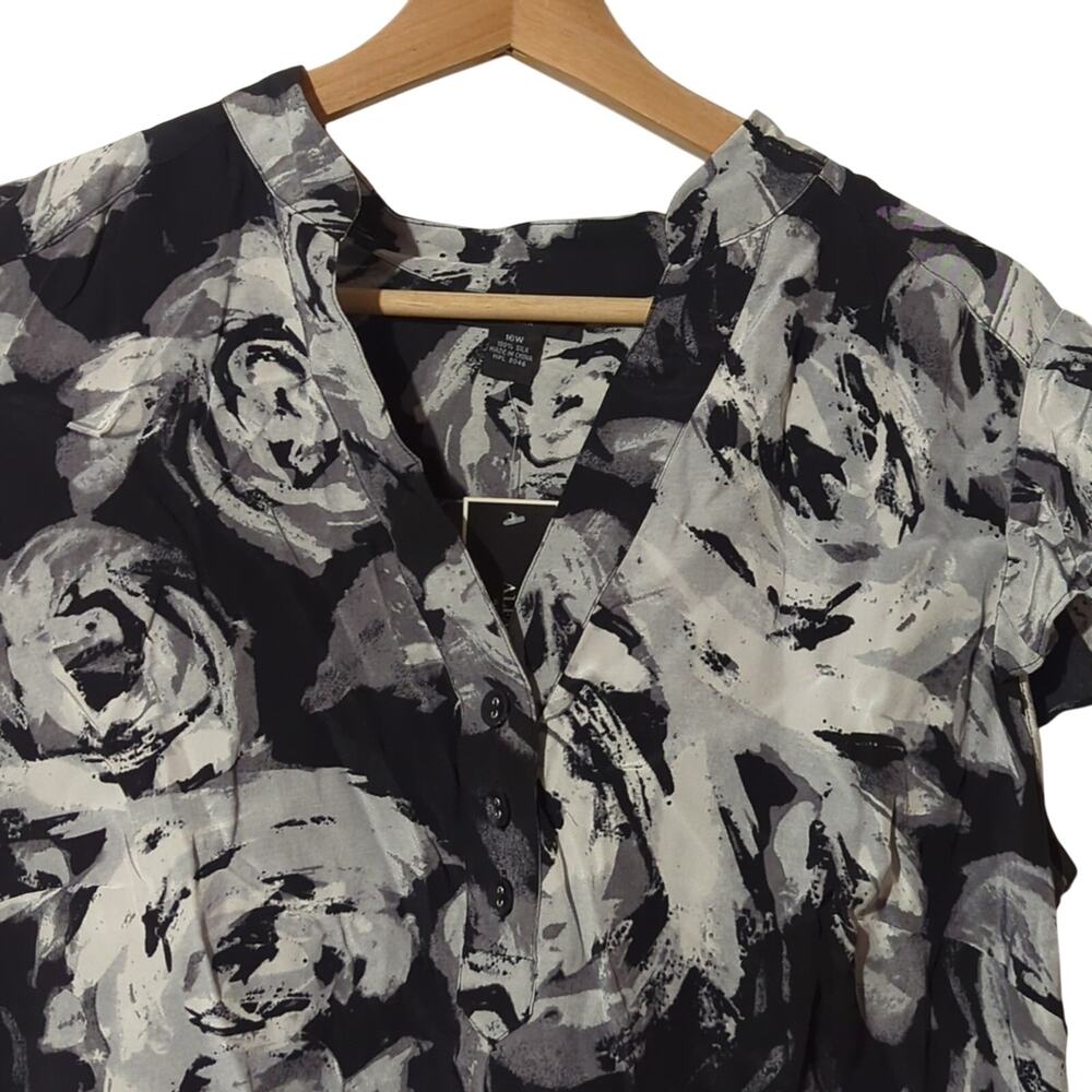 NWT Alfani 16W Black/White/Silver Flower-Patterned Silk Blouse [0082] - Picture 5 of 8